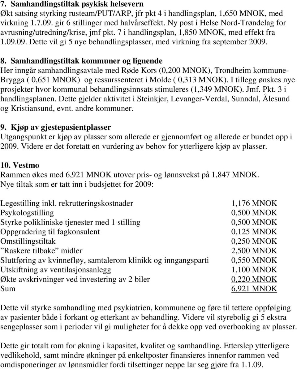 Samhandlingstiltak kommuner og lignende Her inngår samhandlingsavtale med Røde Kors (0,200 MNOK), Trondheim kommune- Brygga ( 0,651 MNOK) og ressurssenteret i Molde ( 0,313 MNOK).