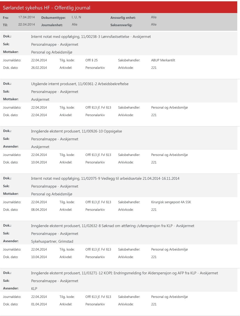 2014 Arkivdel: Personalarkiv Arkivkode: 221 Internt notat med oppfølging, 11/02075-9 Vedlegg til arbeidsavtale 21.04.