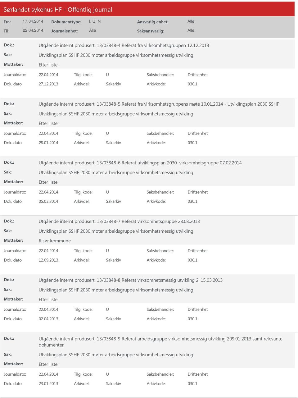 02.2014 tviklingsplan SSHF 2030 møter arbeidsgruppe virksomhetsmessig utvikling Dok. dato: 05.03.2014 Arkivdel: Sakarkiv tgående internt produsert, 13/03848-7 Referat virksomhetsgruppe 28.08.