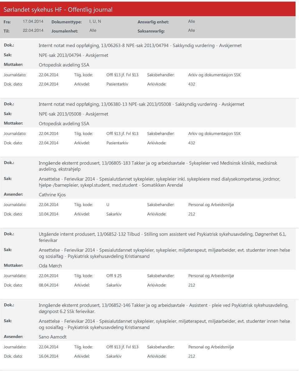 dato: Arkivdel: Pasientarkiv Arkivkode: 432 Inngående eksternt produsert, 13/06805-183 Takker ja og arbeidsavtale - Sykepleier ved Medisinsk klinikk, medisinsk avdeling, ekstrahjelp Ansettelse -