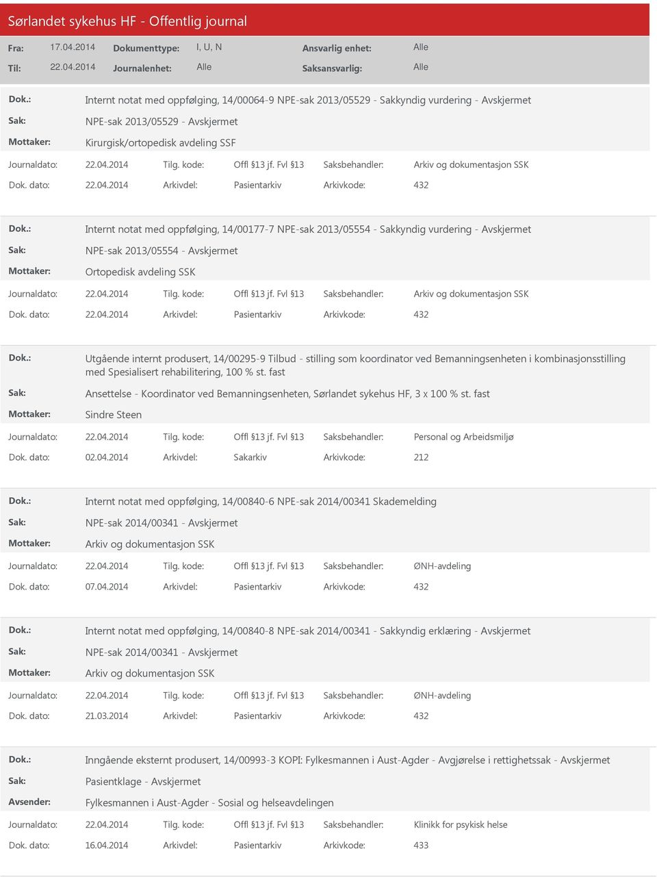 dato: Arkivdel: Pasientarkiv Arkivkode: 432 tgående internt produsert, 14/00295-9 Tilbud - stilling som koordinator ved Bemanningsenheten i kombinasjonsstilling med Spesialisert rehabilitering, 100 %