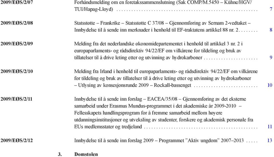 2........ 8 2009/EØS/2/09 2009/EØS/2/10 2009/EØS/2/11 Melding fra det nederlandske økonomidepartementet i henhold til artikkel 3 nr.