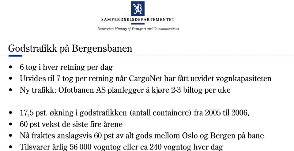 økning i godstrafikken (antall containere) fra 2005 til 2006, 60 pst vekst de siste fire årene Nå fraktes