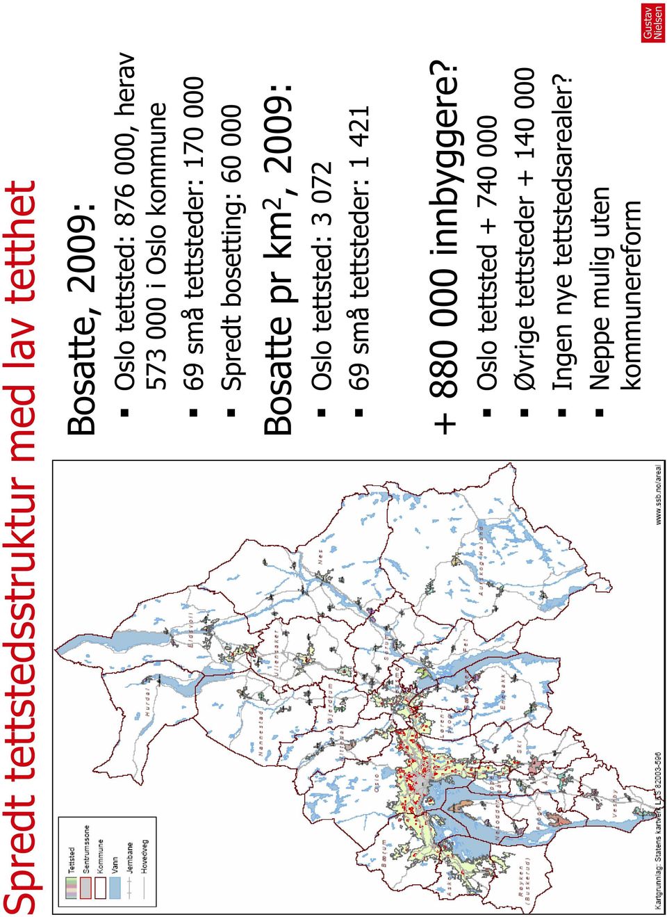 2009: Oslo tettsted: 3 072 69 små tettsteder: 1 421 + 880 000 innbyggere?