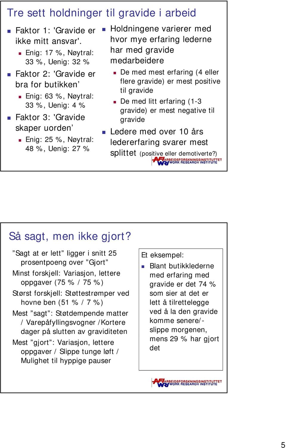 varierer med hvor mye erfaring lederne har med gravide medarbeidere De med mest erfaring (4 eller flere gravide) er mest positive til gravide De med litt erfaring (1-3 gravide) er mest negative til