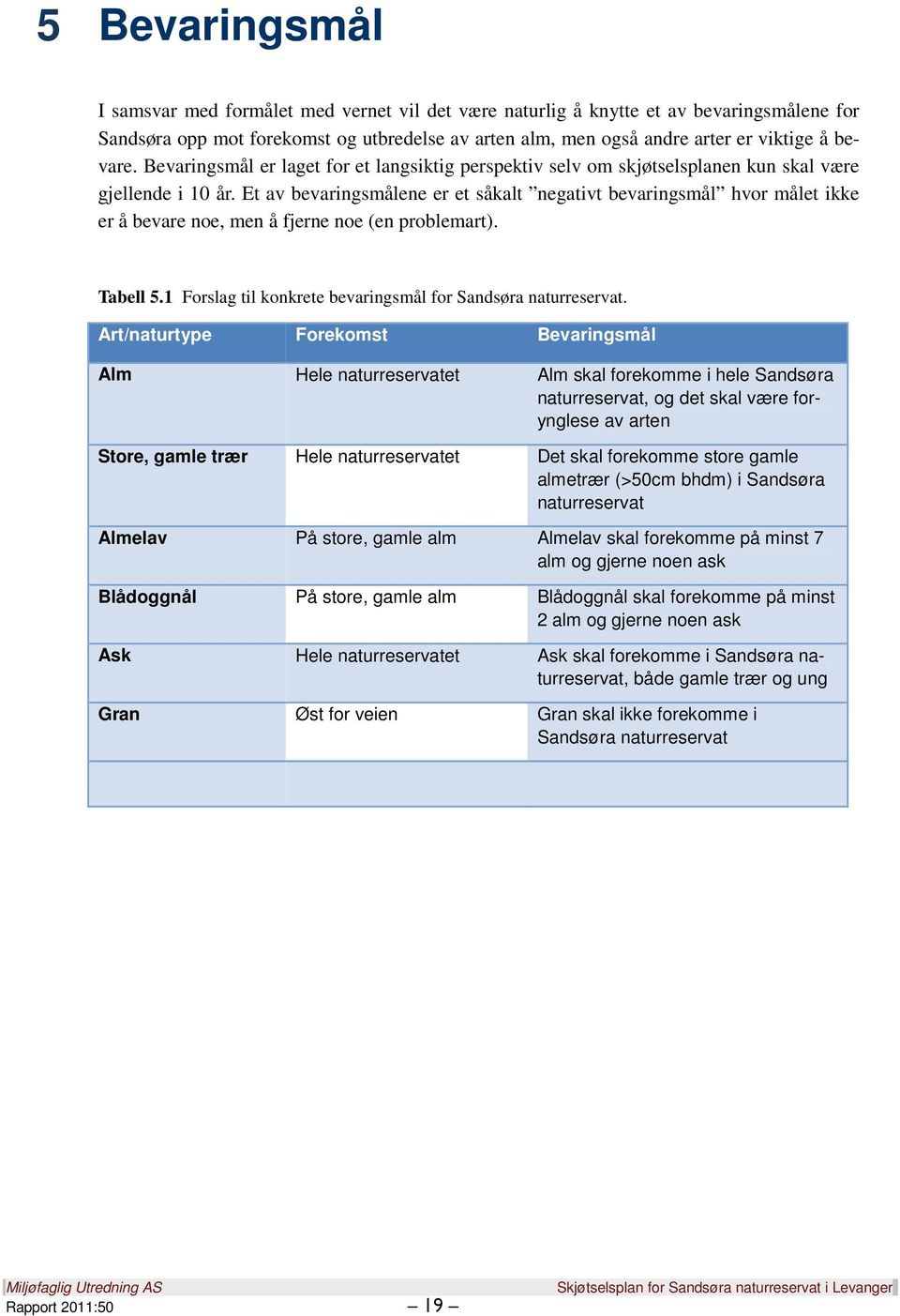 Et av bevaringsmålene er et såkalt negativt bevaringsmål hvor målet ikke er å bevare noe, men å fjerne noe (en problemart). Tabell 5.1 Forslag til konkrete bevaringsmål for Sandsøra naturreservat.