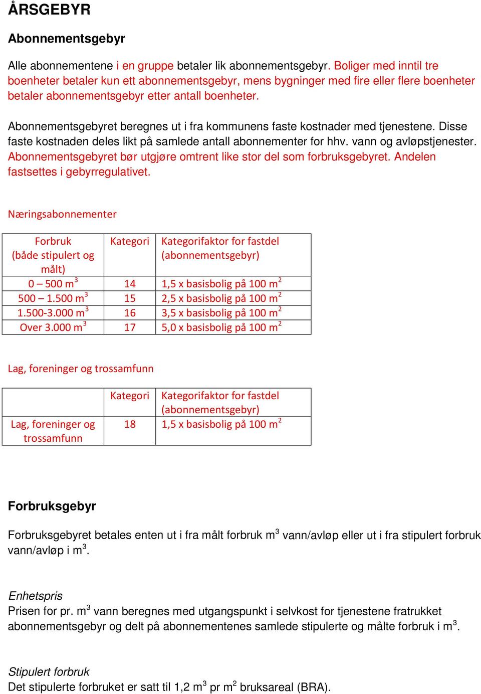 Abonnementsgebyret beregnes ut i fra kommunens faste kostnader med tjenestene. Disse faste kostnaden deles likt på samlede antall abonnementer for hhv. vann og avløpstjenester.