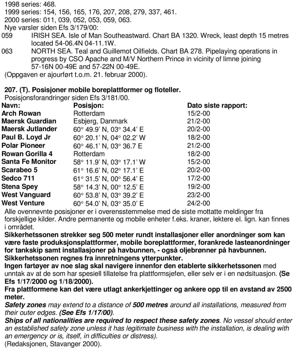 Pipelaying operations in progress by CSO Apache and M/V Northern Prince in vicinity of limne joining 57-16N 00-49E and 57-22N 00-49E. (Oppgaven er ajourført t.o.m. 21. februar 2000). 207. (T).