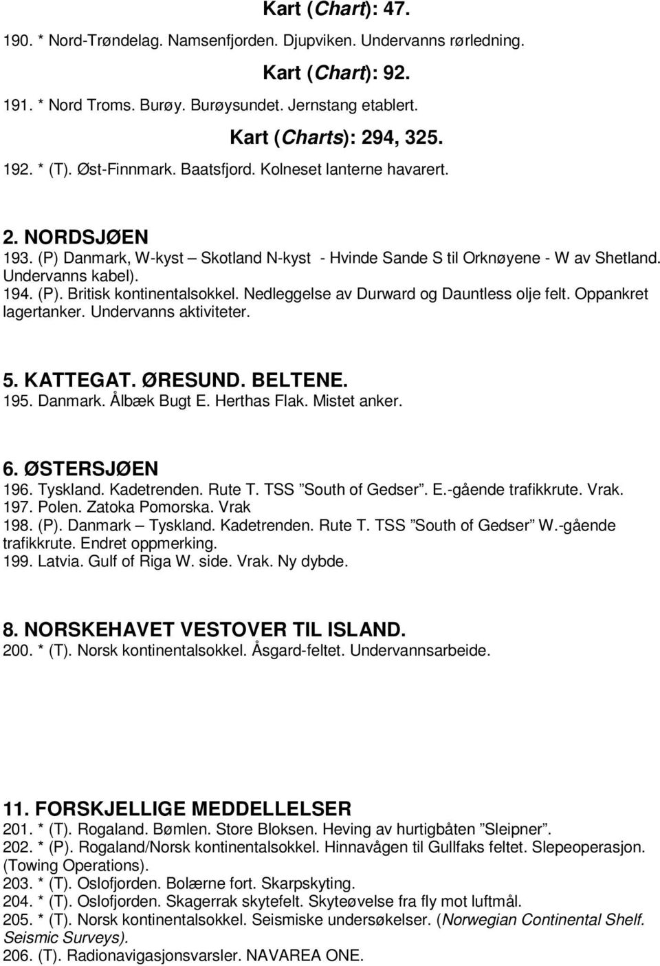 Nedleggelse av Durward og Dauntless olje felt. Oppankret lagertanker. Undervanns aktiviteter. 5. KATTEGAT. ØRESUND. BELTENE. 195. Danmark. Ålbæk Bugt E. Herthas Flak. Mistet anker. 6. ØSTERSJØEN 196.