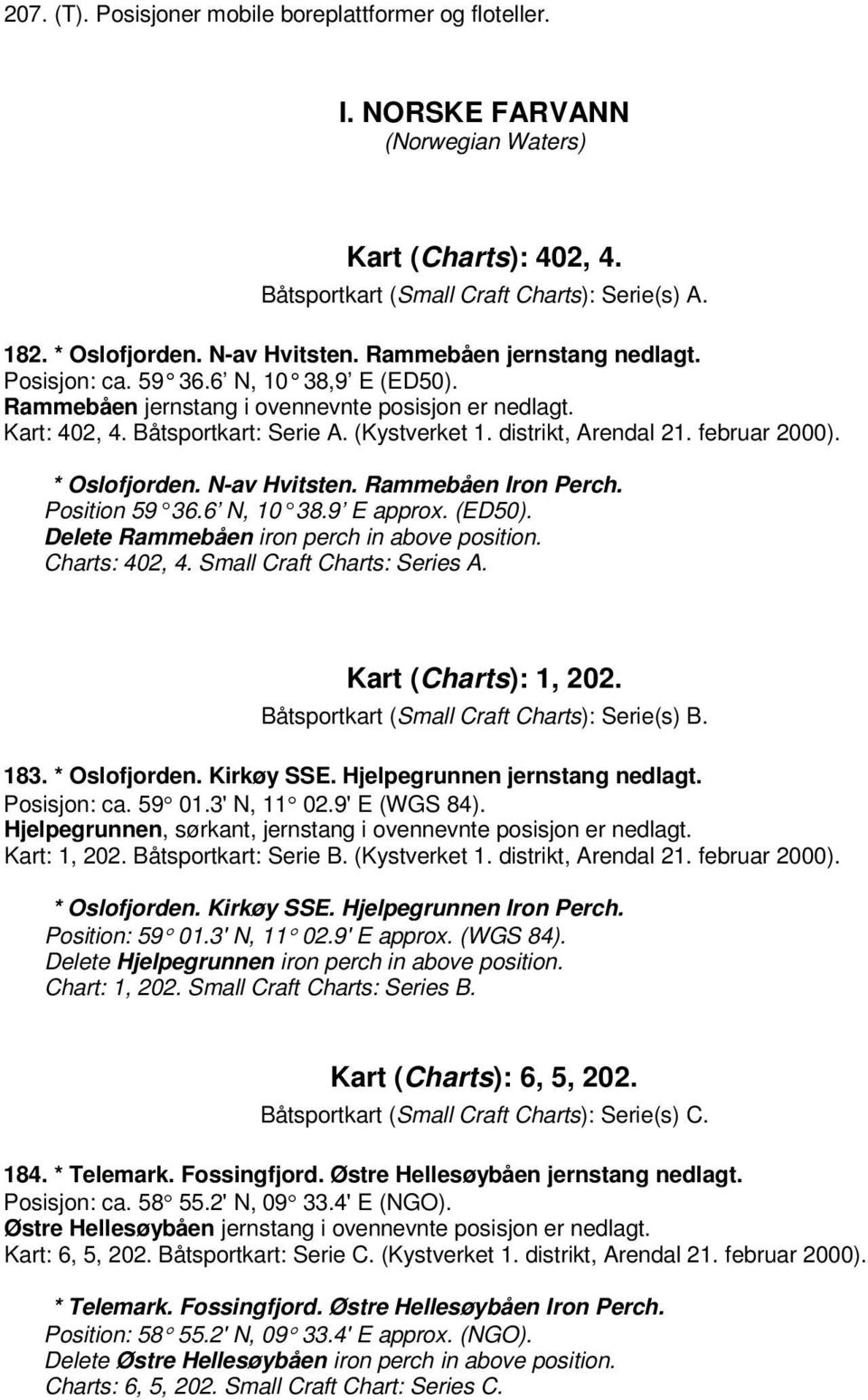 februar 2000). * Oslofjorden. N-av Hvitsten. Rammebåen Iron Perch. Position 59 36.6 N, 10 38.9 E approx. (ED50). Delete Rammebåen iron perch in above position. Charts: 402, 4.