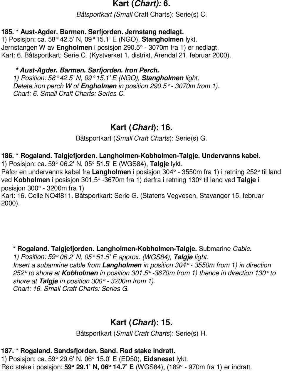 1) Position: 58 42.5 N, 09 15.1 E (NGO), Stangholmen light. Delete iron perch W of Engholmen in position 290.5-3070m from 1). Chart: 6. Small Craft Charts: Series C. Kart (Chart): 16.