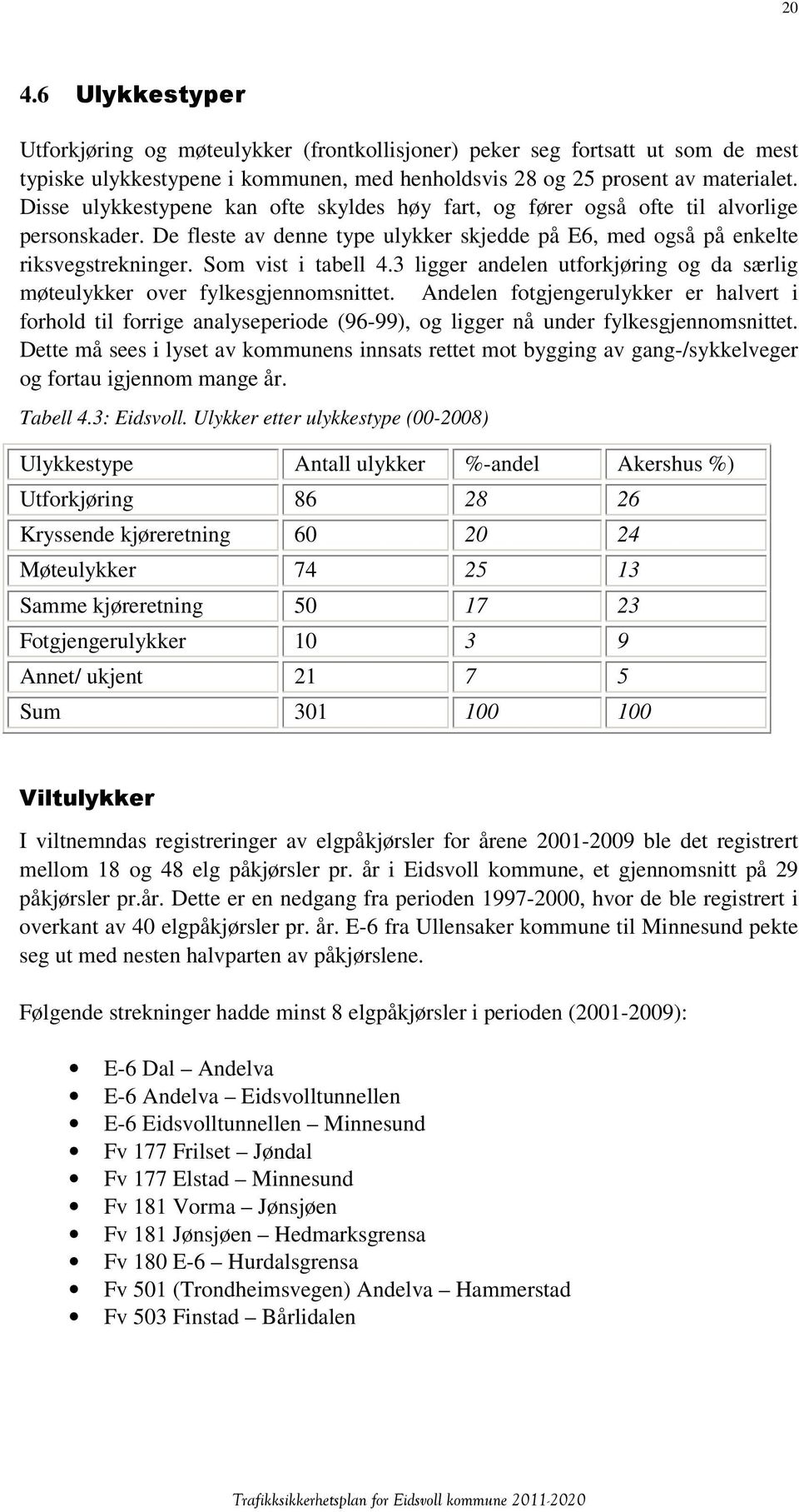 Som vist i tabell 4.3 ligger andelen utforkjøring og da særlig møteulykker over fylkesgjennomsnittet.