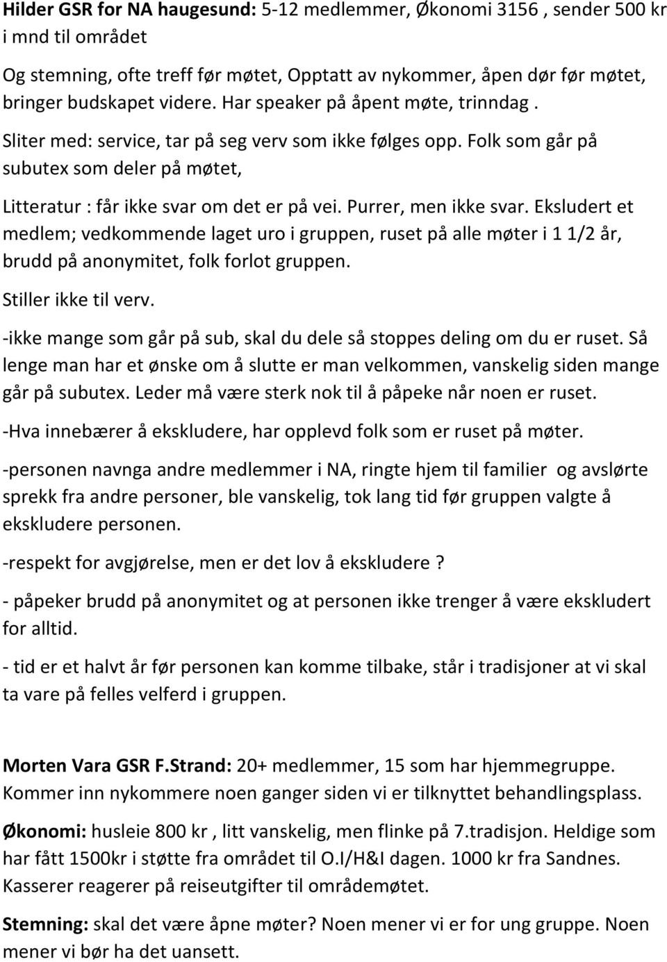 Purrer, men ikke svar. Eksludert et medlem; vedkommende laget uro i gruppen, ruset på alle møter i 1 1/2 år, brudd på anonymitet, folk forlot gruppen. Stiller ikke til verv.