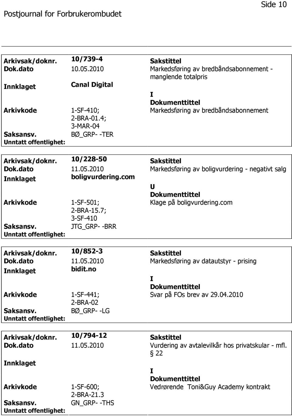 com 1-SF-501; 2-BRA-15.7; 3-SF-410 Klage på boligvurdering.com JTG_GRP- -BRR Arkivsak/doknr. 10/852-3 Sakstittel Dok.dato 11.05.2010 Markedsføring av datautstyr - prising nnklaget bidit.