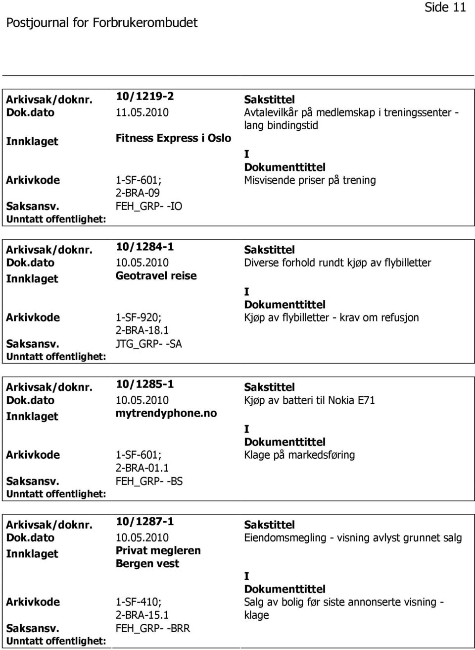 10/1284-1 Sakstittel Dok.dato 10.05.2010 Diverse forhold rundt kjøp av flybilletter nnklaget Geotravel reise 1-SF-920; 2-BRA-18.1 Kjøp av flybilletter - krav om refusjon JTG_GRP- -SA Arkivsak/doknr.