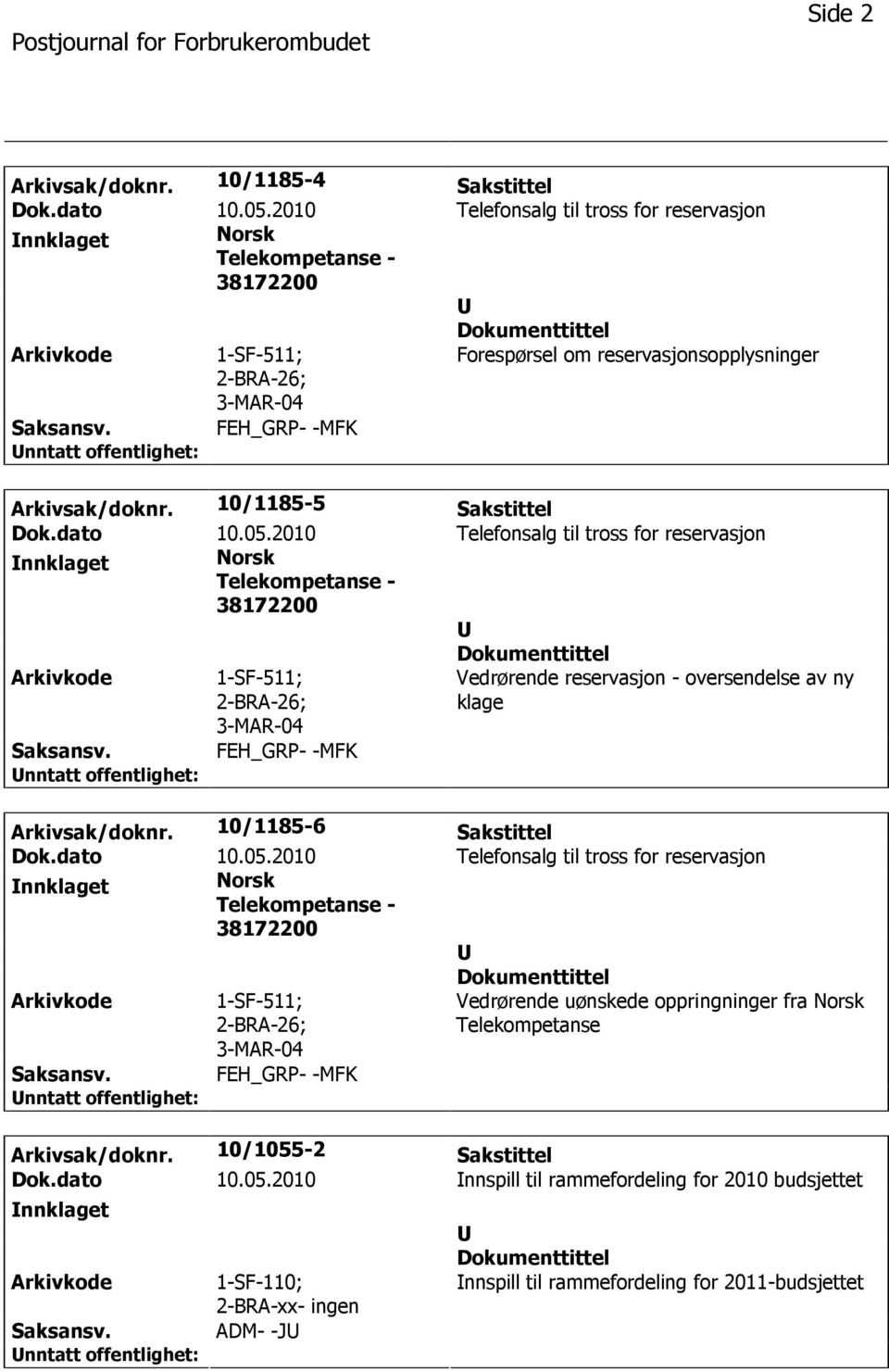 10/1185-6 Sakstittel nnklaget Norsk Telekompetanse - 38172200 2-BRA-26; Vedrørende uønskede oppringninger fra Norsk Telekompetanse FEH_GRP- -MFK Arkivsak/doknr.