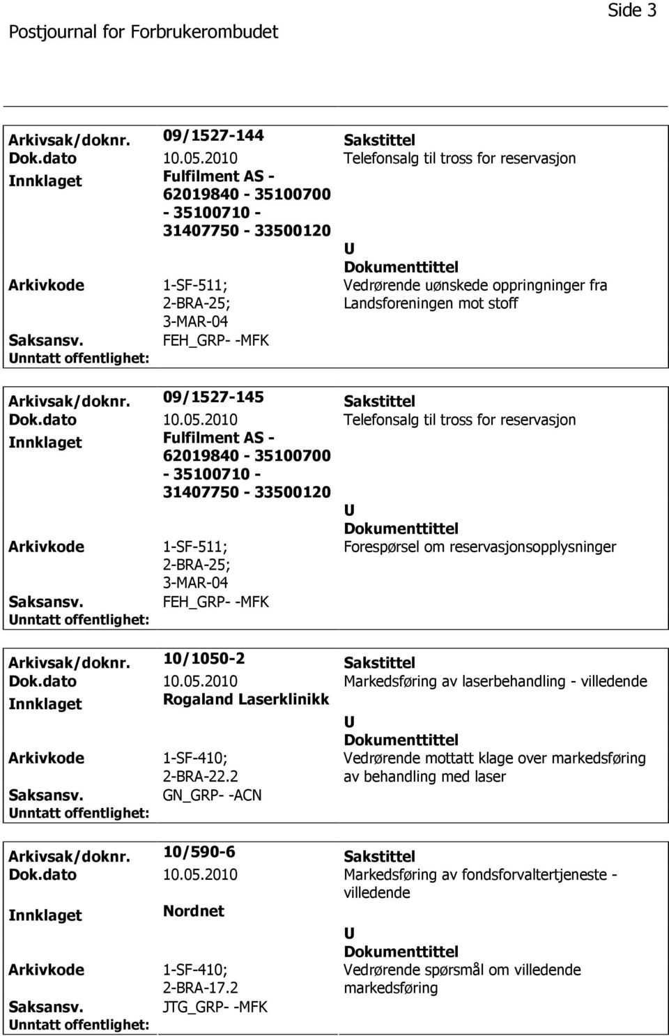 09/1527-145 Sakstittel nnklaget Fulfilment AS - 62019840-35100700 - 35100710-31407750 - 33500120 Forespørsel om reservasjonsopplysninger FEH_GRP- -MFK Arkivsak/doknr. 10/1050-2 Sakstittel Dok.dato 10.