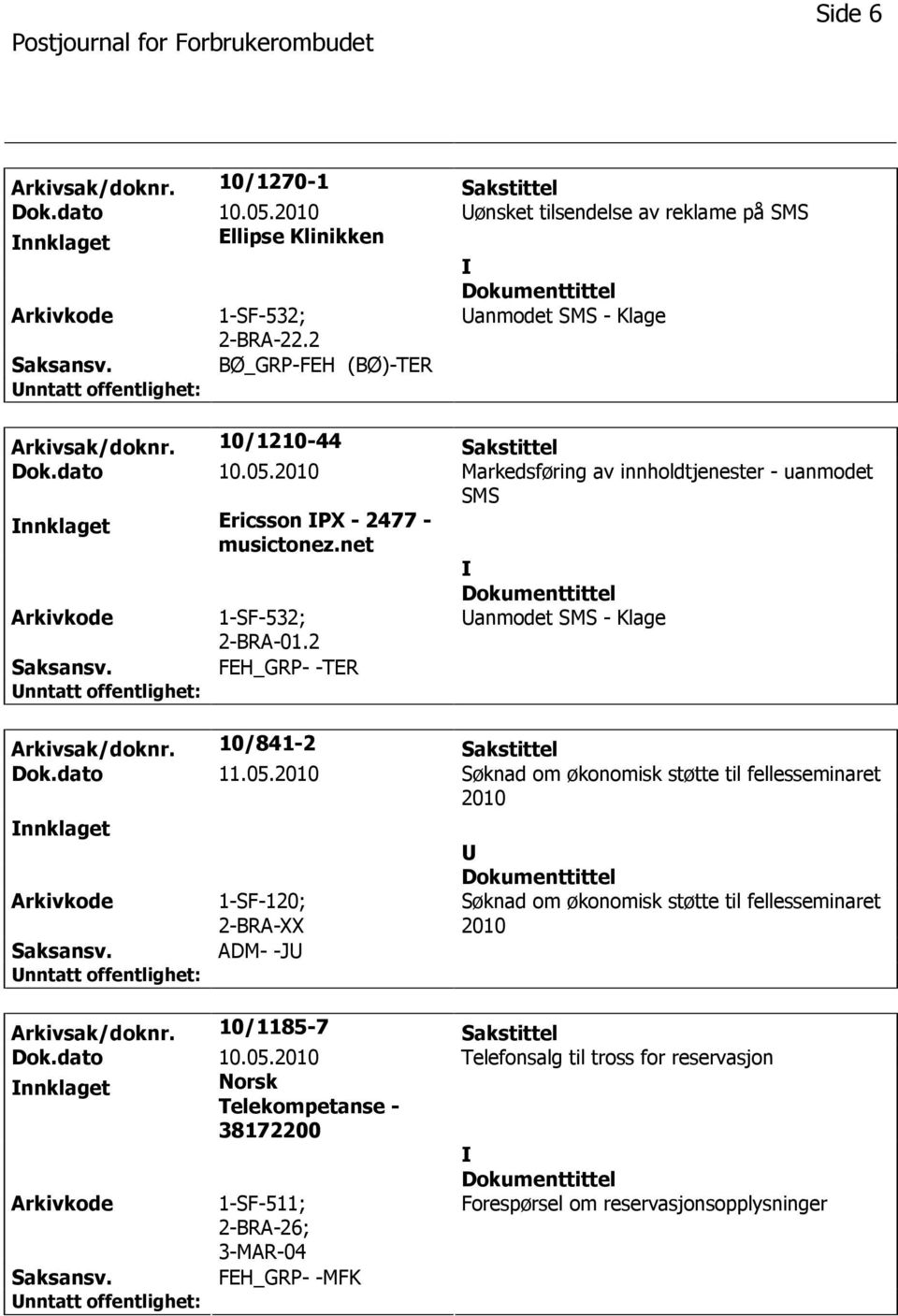 2010 Markedsføring av innholdtjenester - uanmodet SMS nnklaget Ericsson PX - 2477 - musictonez.net 1-SF-532; 2-BRA-01.2 anmodet SMS - Klage FEH_GRP- -TER Arkivsak/doknr.