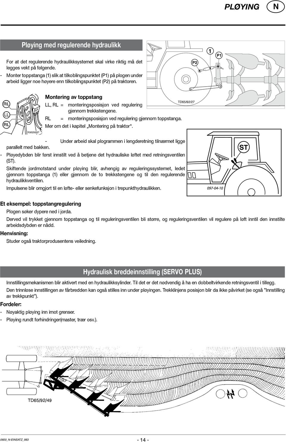 P2 Montering av toppstang LL, RL = monteringsposisjon ved regulering gjennom trekkstengene. RL = monteringsposisjon ved regulering gjennom toppstanga. Mer om det i kapitel Montering på traktor.