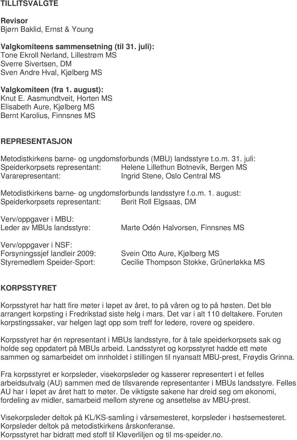 juli: Speiderkorpsets representant: Helene Lillethun Botnevik, Bergen MS Vararepresentant: Metodistkirkens barne- og ungdomsforbunds landsstyre f.o.m. 1.