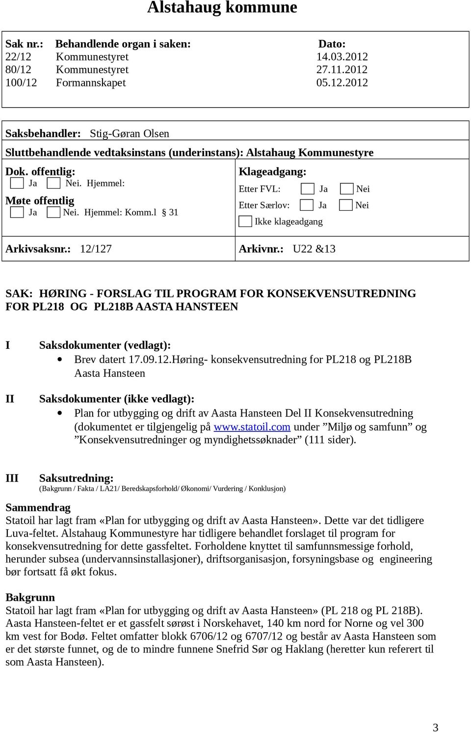 : U22 &13 SAK: HØRING - FORSLAG TIL PROGRAM FOR KONSEKVENSUTREDNING FOR PL218 OG PL218B AASTA HANSTEEN I II Saksdokumenter (vedlagt): Brev datert 17.09.12.