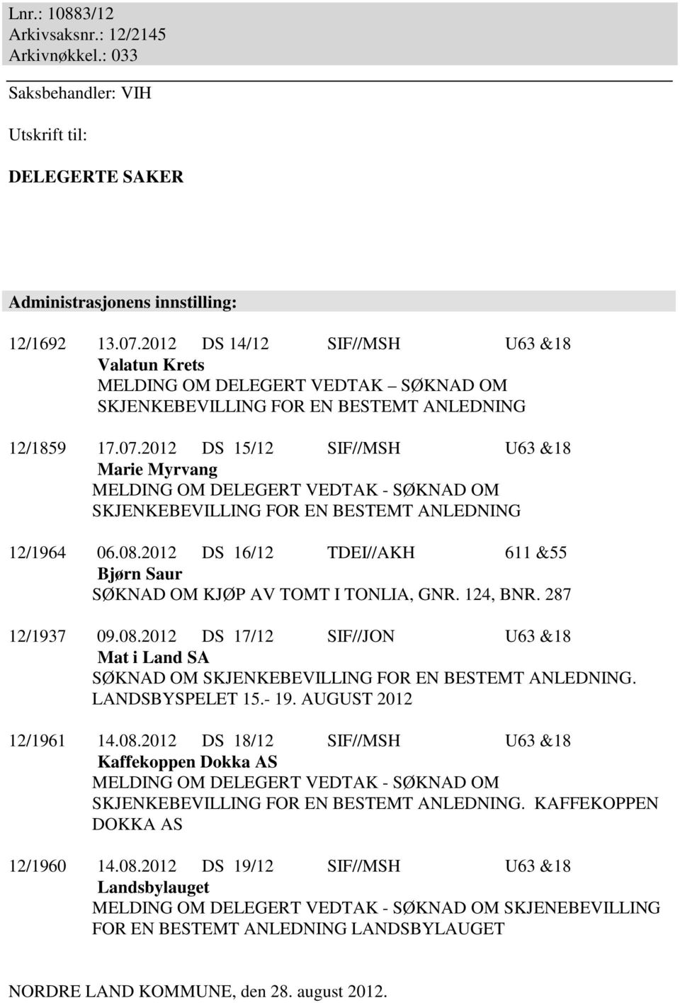 2012 DS 15/12 SIF//MSH U63 &18 Marie Myrvang MELDING OM DELEGERT VEDTAK - SØKNAD OM SKJENKEBEVILLING FOR EN BESTEMT ANLEDNING 12/1964 06.08.
