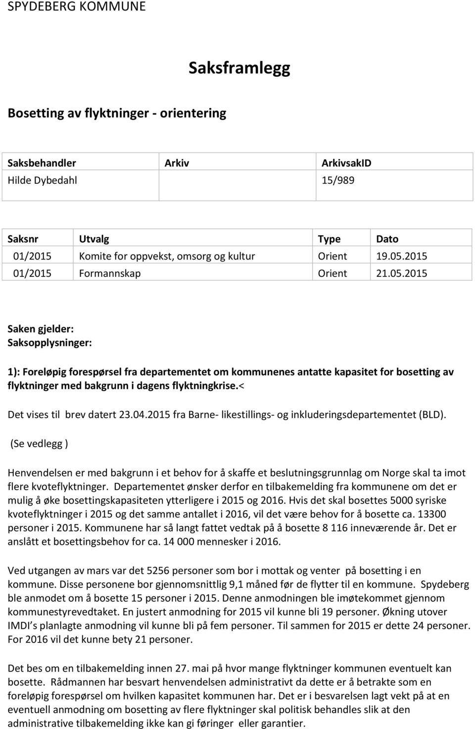 < Det vises til brev datert 23.04.2015 fra Barne- likestillings- og inkluderingsdepartementet (BLD).