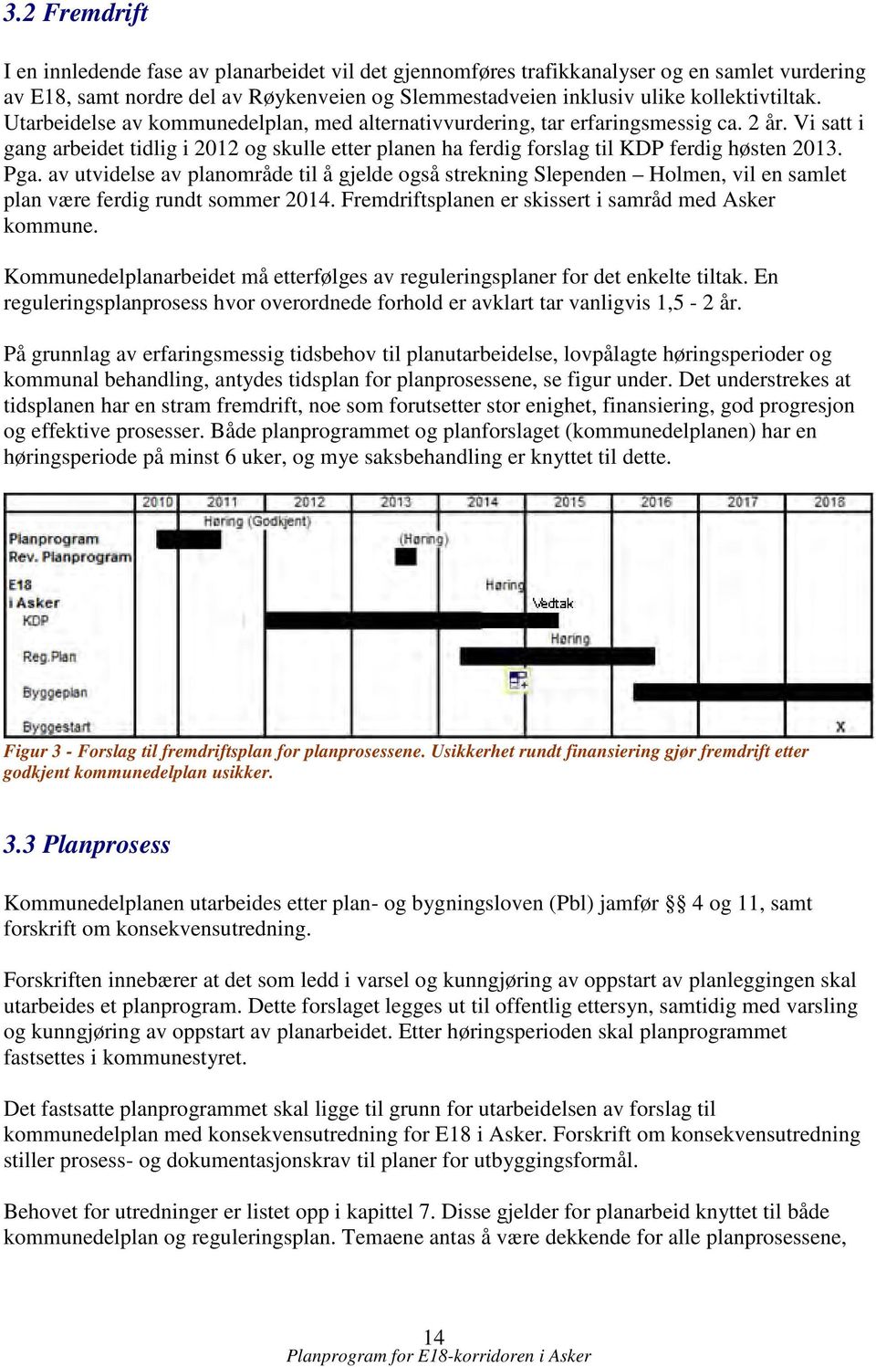 av utvidelse av planområde til å gjelde også strekning Slependen Holmen, vil en samlet plan være ferdig rundt sommer 2014. Fremdriftsplanen er skissert i samråd med Asker kommune.