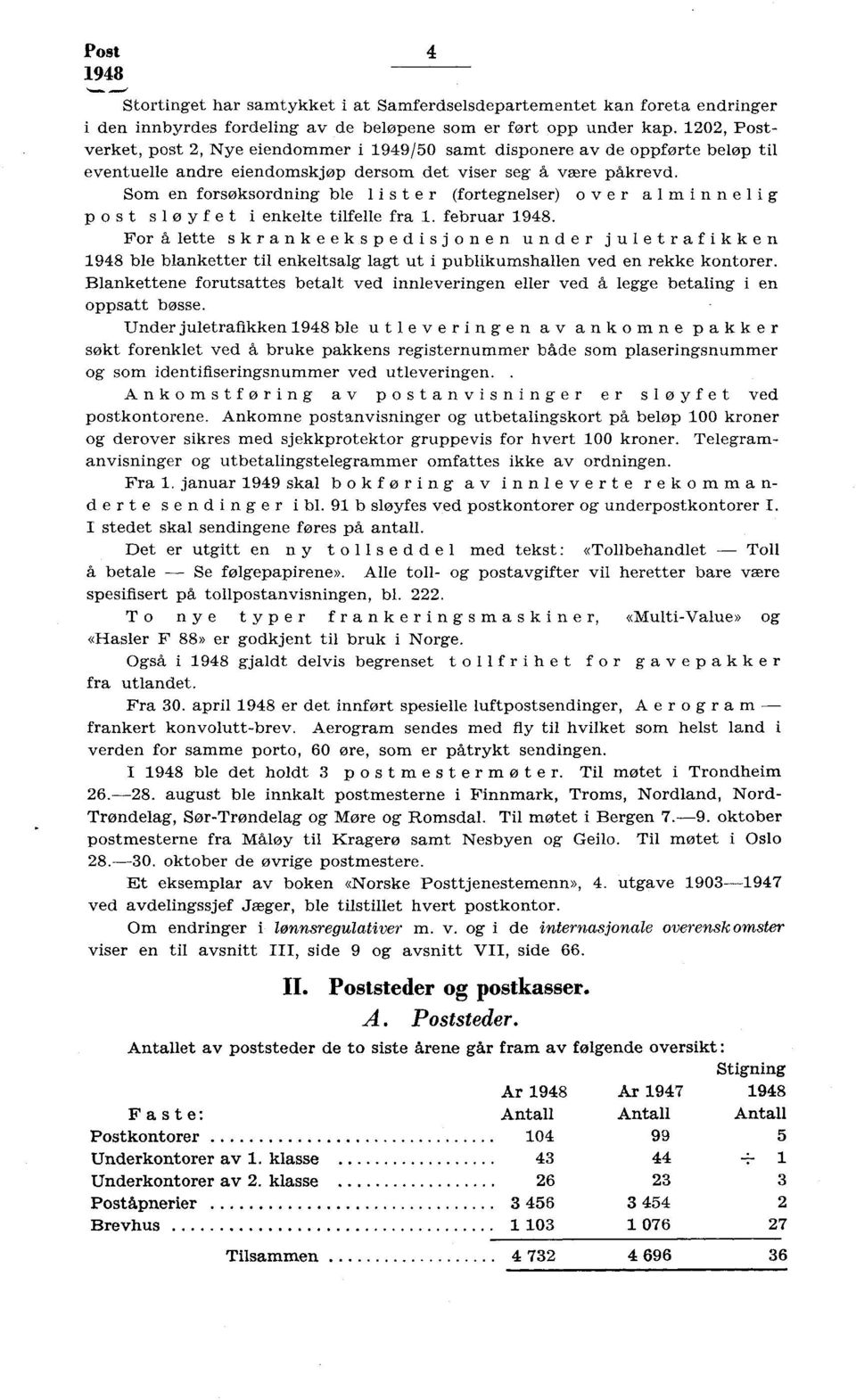 Som en forsøksordning ble lister (fortegnelser) over alminnelig post slø yf et i enkelte tilfelle fra. februar 948.