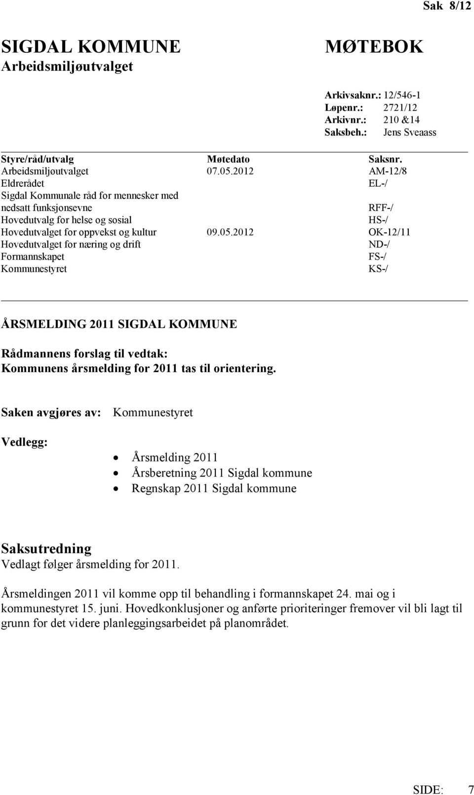 2012 OK-12/11 Hovedutvalget for næring og drift ND-/ Formannskapet FS-/ Kommunestyret KS-/ ÅRSMELDING 2011 Kommunens årsmelding for 2011 tas til orientering.