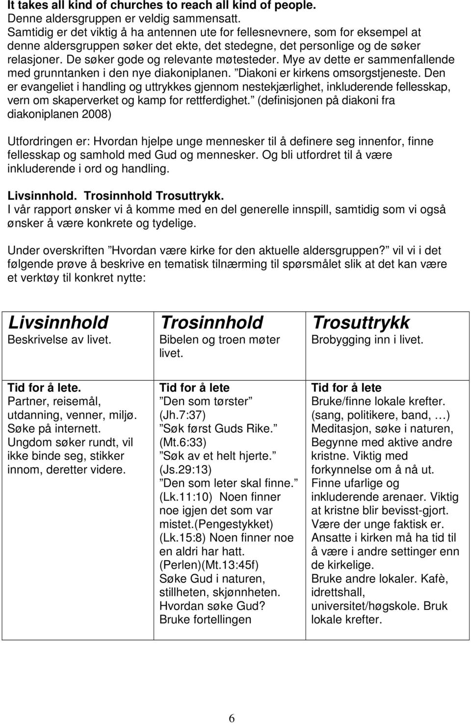 De søker gode og relevante møtesteder. Mye av dette er sammenfallende med grunntanken i den nye diakoniplanen. Diakoni er kirkens omsorgstjeneste.