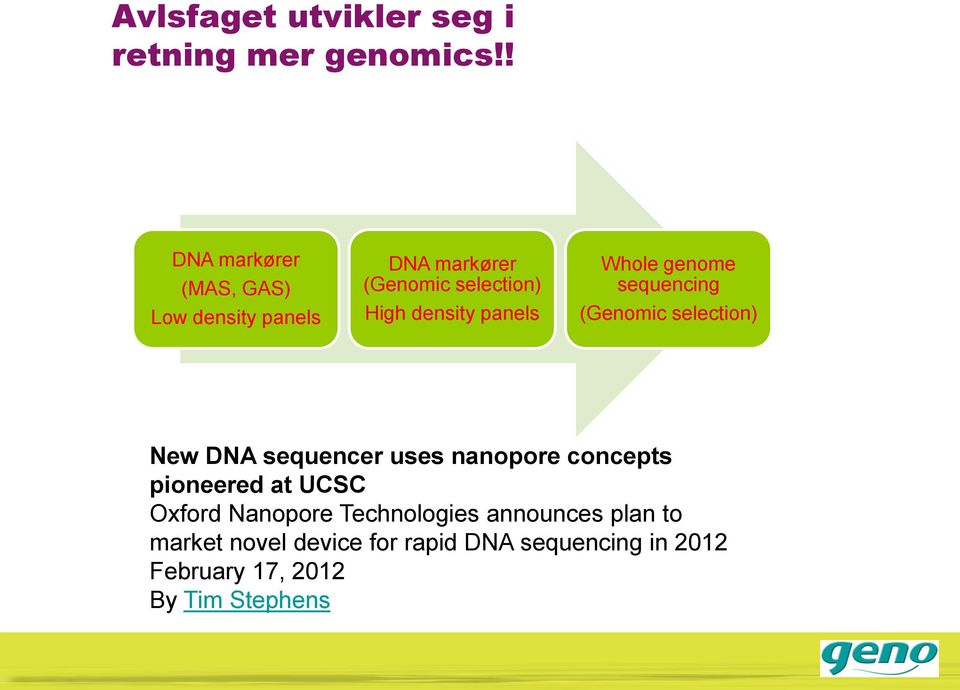 panels Whole genome sequencing (Genomic selection) New DNA sequencer uses nanopore concepts