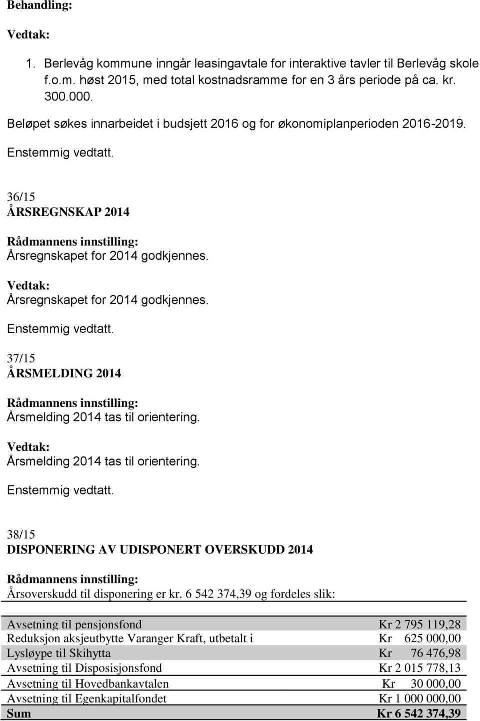 Årsmelding 2014 tas til orientering. 38/15 DISPONERING AV UDISPONERT OVERSKUDD 2014 Årsoverskudd til disponering er kr.