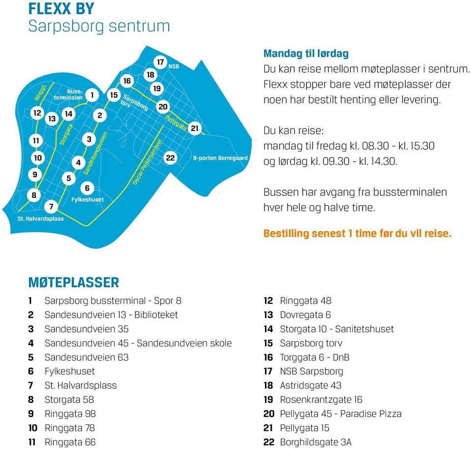 sentrum. Flexx stopper bare ved møteplasser der noen har bestilt henting eller levering. Du kan reise: mandag til fredag kl. 08.30 - kl. 15.30 og lørdag kl. 09.30 - kl. 14.30. Bussen har avgang fra bussterminalen hver hele og halve time.