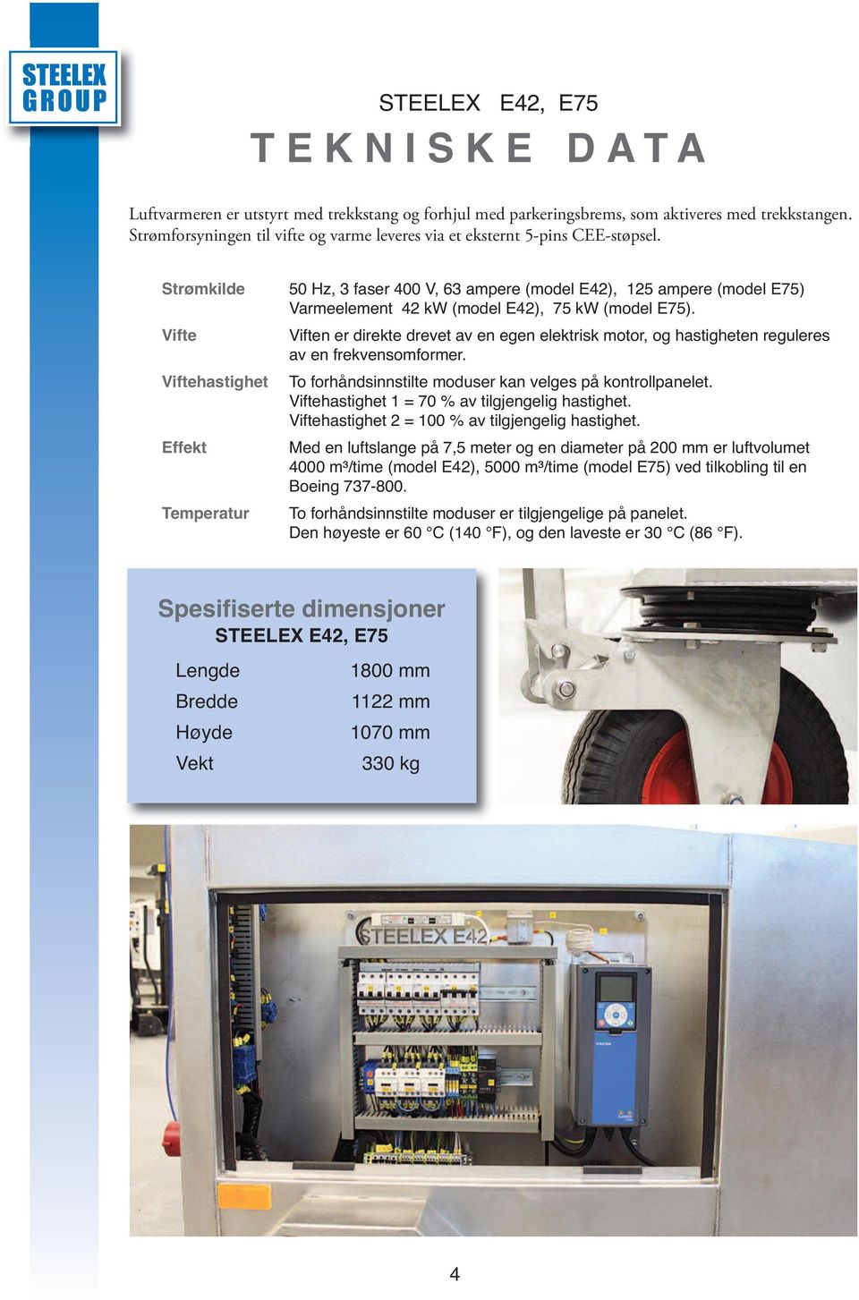 Strømkilde 50 Hz, 3 faser 400 V, 63 ampere (model E42), 125 ampere (model E75) Varmeelement 42 kw (model E42), 75 kw (model E75).