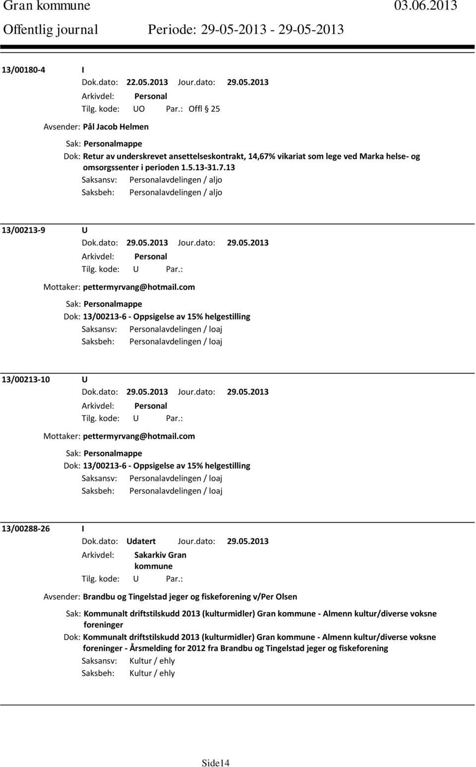 com Dok: 13/00213-6 - Oppsigelse av 15% helgestilling Saksansv: Personalavdelingen / loaj Saksbeh: Personalavdelingen / loaj 13/00213-10 U Mottaker: pettermyrvang@hotmail.