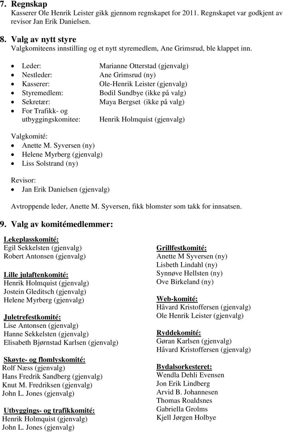 Leder: Marianne Otterstad (gjenvalg) Nestleder: Ane Grimsrud (ny) Kasserer: Ole-Henrik Leister (gjenvalg) Styremedlem: Bodil Sundbye (ikke på valg) Sekretær: Maya Bergset (ikke på valg) For Trafikk-