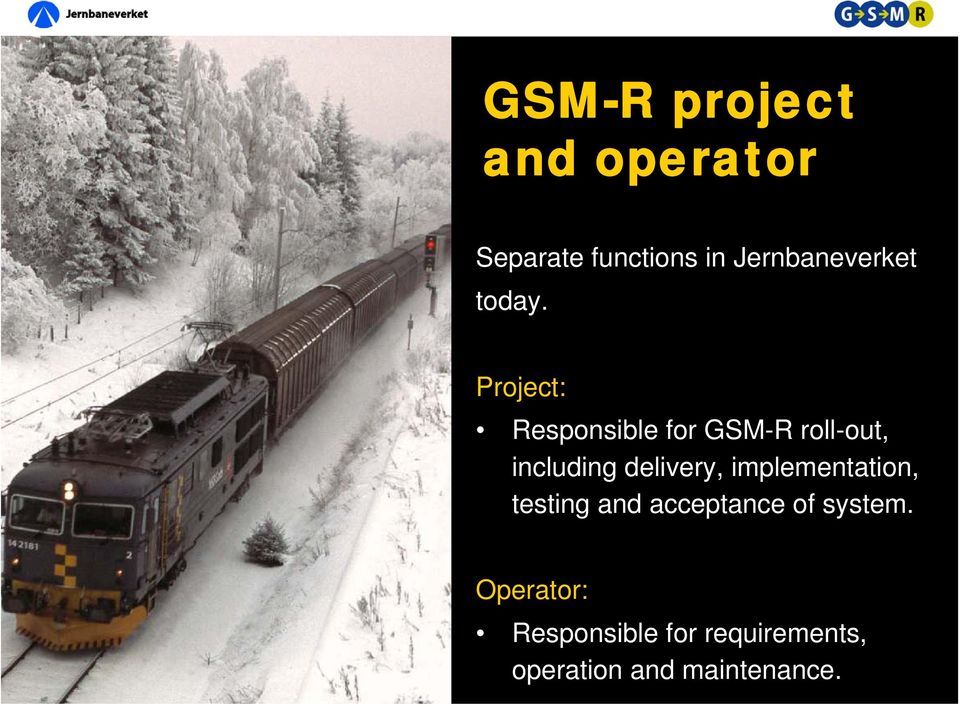 Project: Responsible for GSM-R roll-out, including delivery,