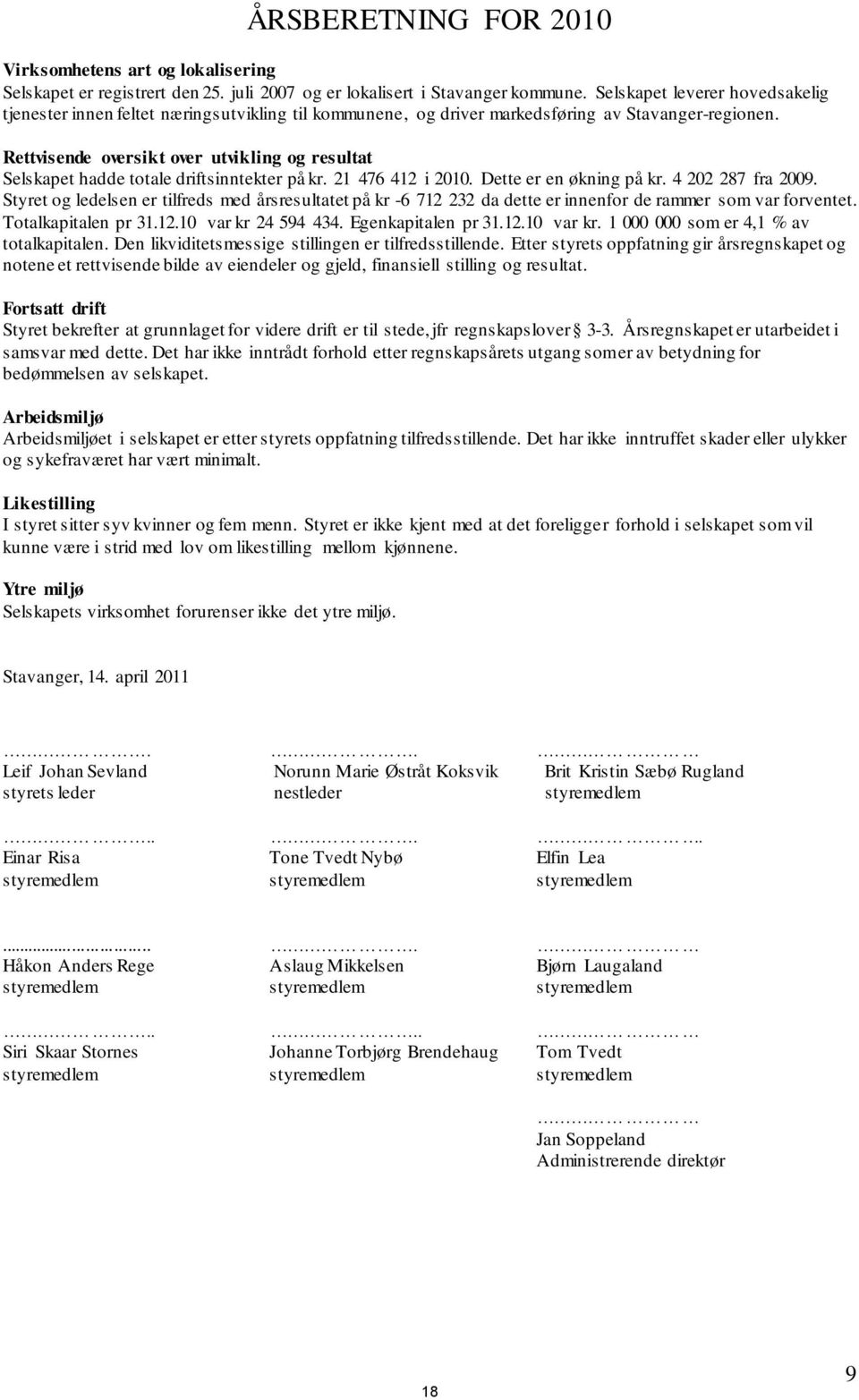 Rettvisende oversikt over utvikling og resultat Selskapet hadde totale driftsinntekter på kr. 21 476 412 i 2010. Dette er en økning på kr. 4 202 287 fra 2009.