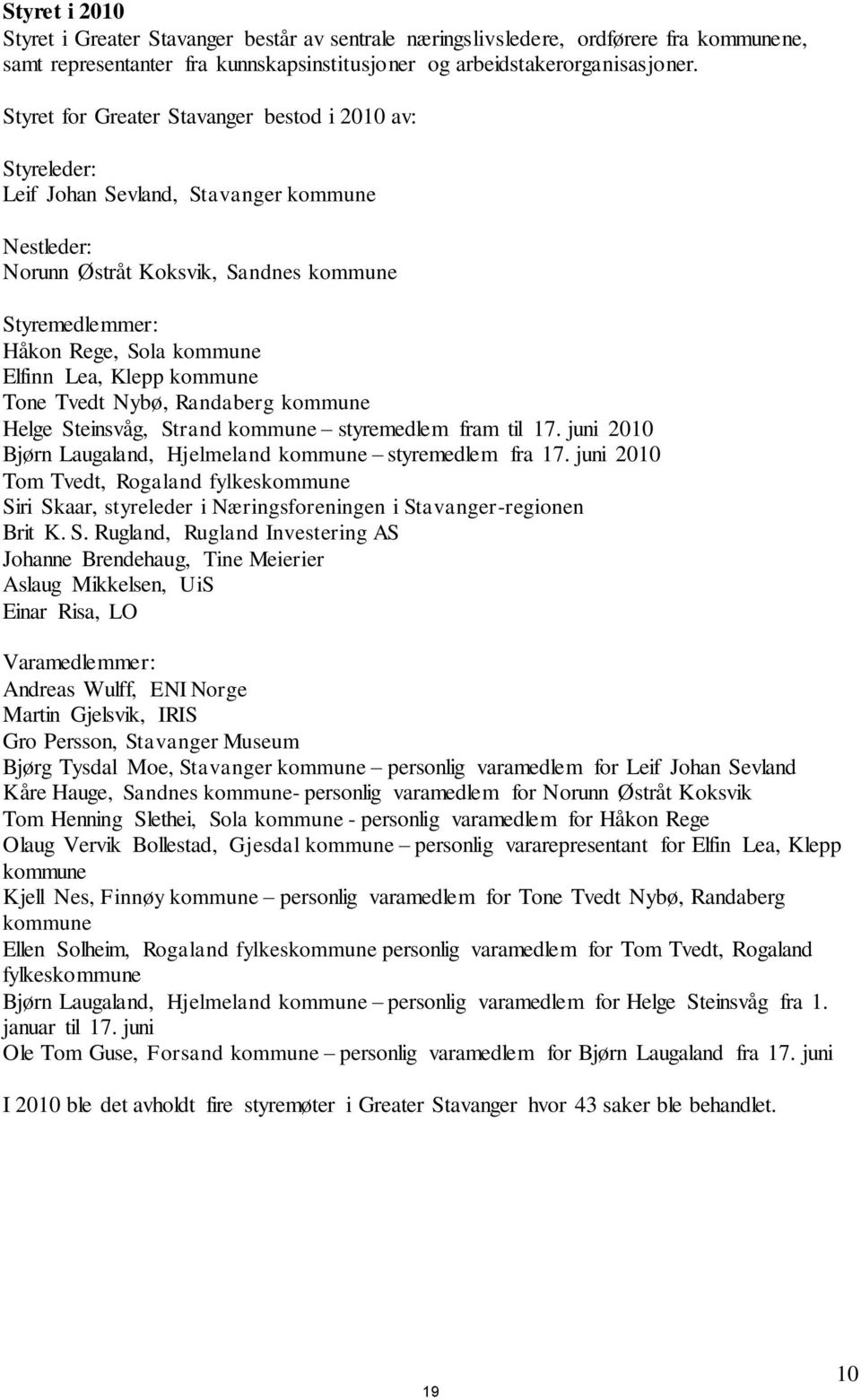 Klepp kommune Tone Tvedt Nybø, Randaberg kommune Helge Steinsvåg, Strand kommune styremedlem fram til 17. juni 2010 Bjørn Laugaland, Hjelmeland kommune styremedlem fra 17.