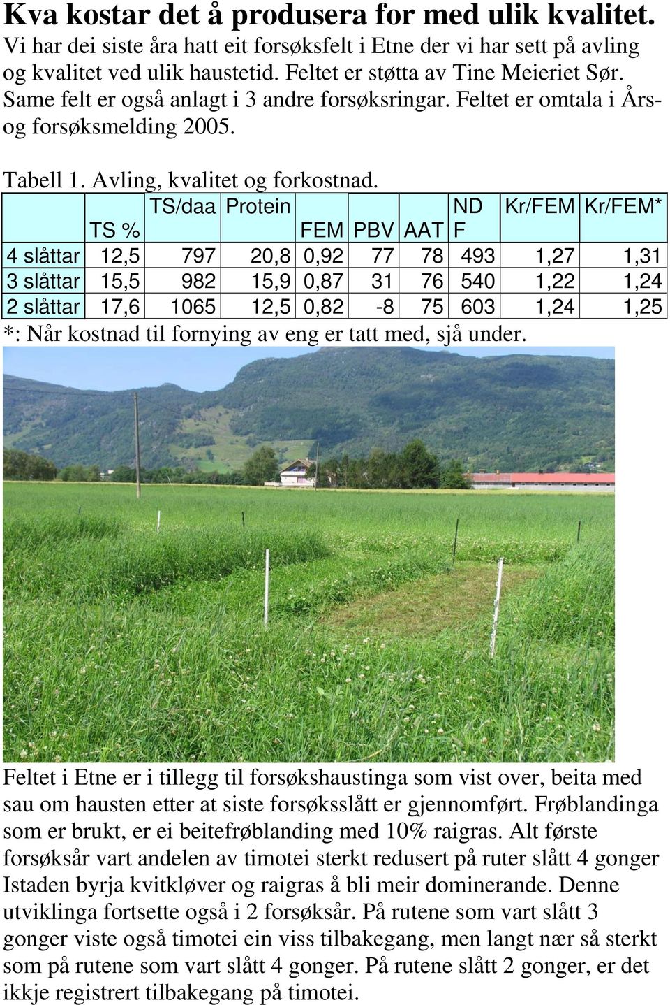 TS/daa Protein ND Kr/FEM Kr/FEM* TS % FEM PBV AAT F 4 slåttar 12,5 797 20,8 0,92 77 78 493 1,27 1,31 3 slåttar 15,5 982 15,9 0,87 31 76 540 1,22 1,24 2 slåttar 17,6 1065 12,5 0,82-8 75 603 1,24 1,25