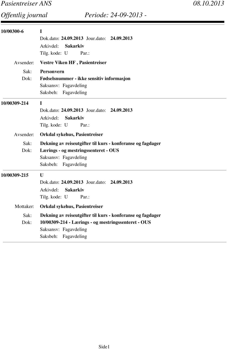 fagdager Lærings - og mestringssenteret - OUS 10/00309-215 U Orkdal sykehus, Pasientreiser Dekning