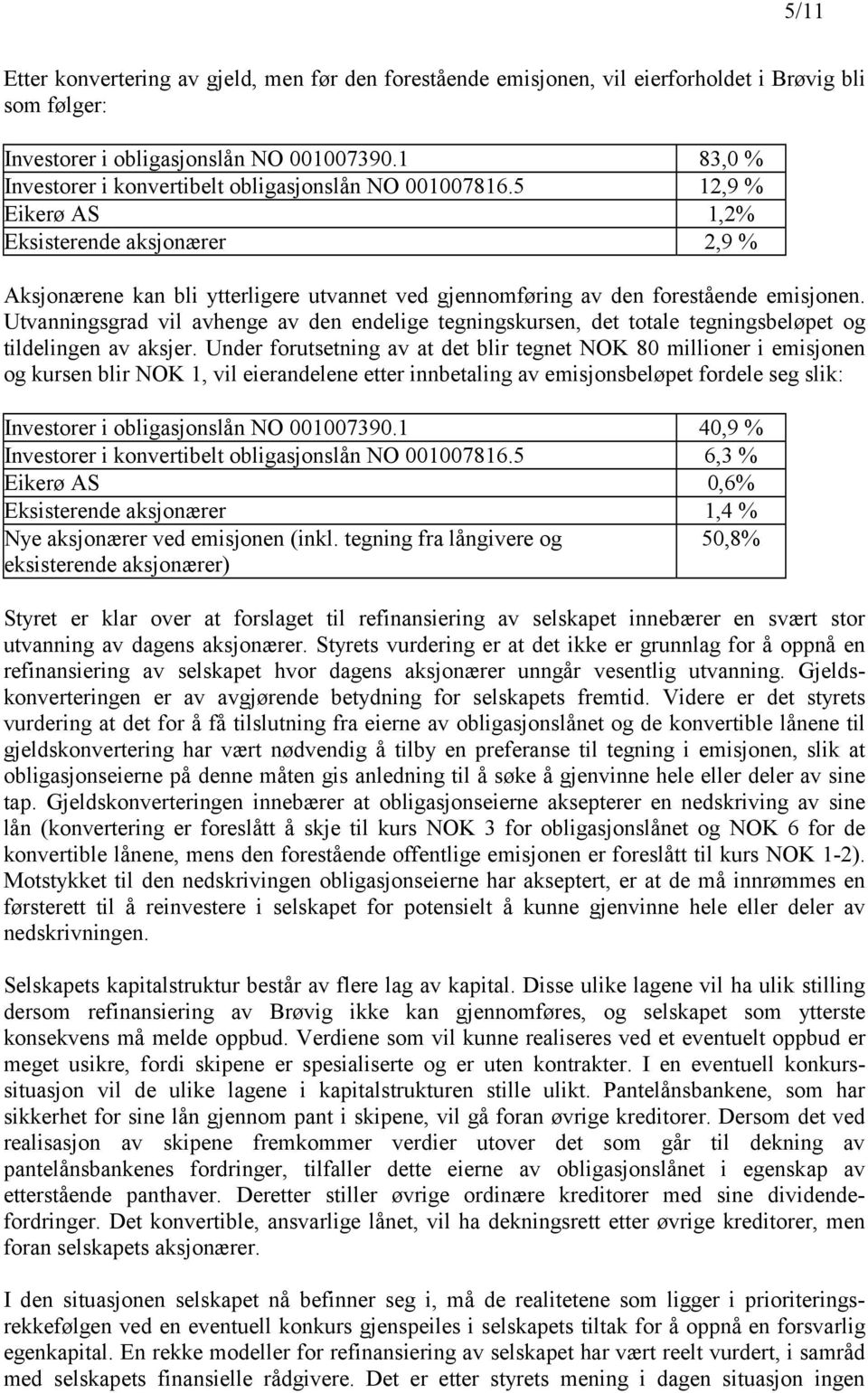 5 12,9 % Eikerø AS 1,2% Eksisterende aksjonærer 2,9 % Aksjonærene kan bli ytterligere utvannet ved gjennomføring av den forestående emisjonen.