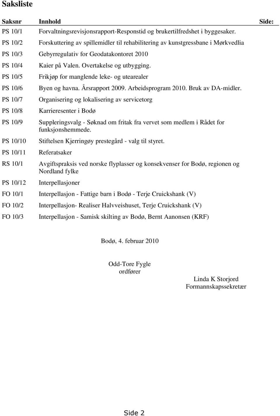 10/1 PS 10/12 FO 10/1 FO 10/2 FO 10/3 Kaier på Valen. Overtakelse og utbygging. Frikjøp for manglende leke- og utearealer Byen og havna. Årsrapport 2009. Arbeidsprogram 2010. Bruk av DA-midler.