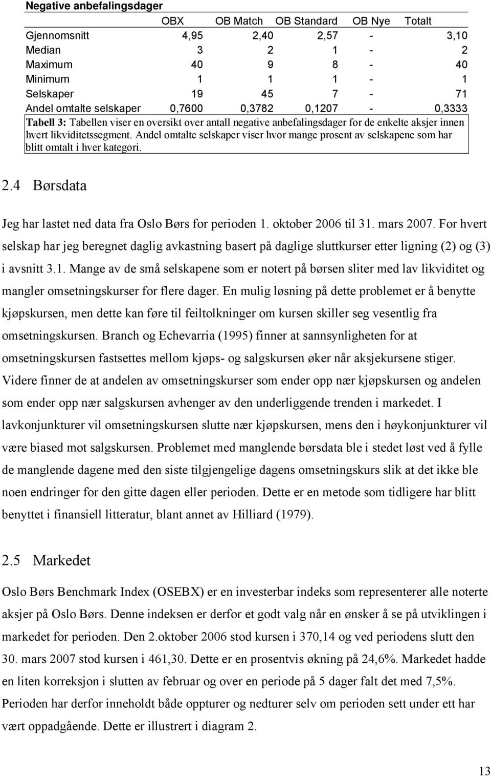 Andel omtalte selskaper viser hvor mange prosent av selskapene som har blitt omtalt i hver kategori. 2.4 Børsdata Jeg har lastet ned data fra Oslo Børs for perioden 1. oktober 2006 til 31. mars 2007.