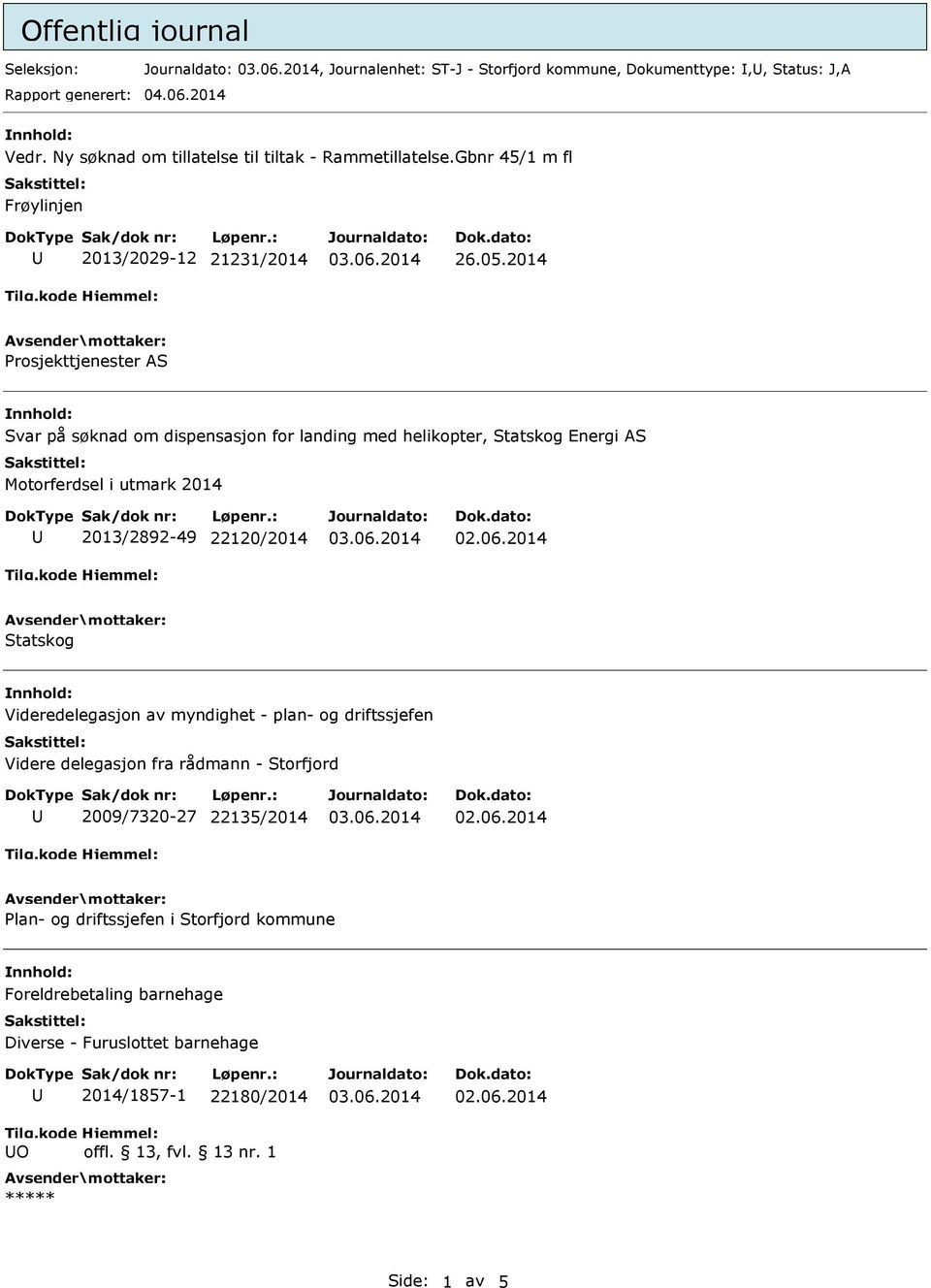 2014 Prosjekttjenester AS Svar på søknad om dispensasjon for landing med helikopter, Statskog Energi AS Motorferdsel i utmark 2014 2013/2892-49 22120/2014 Statskog