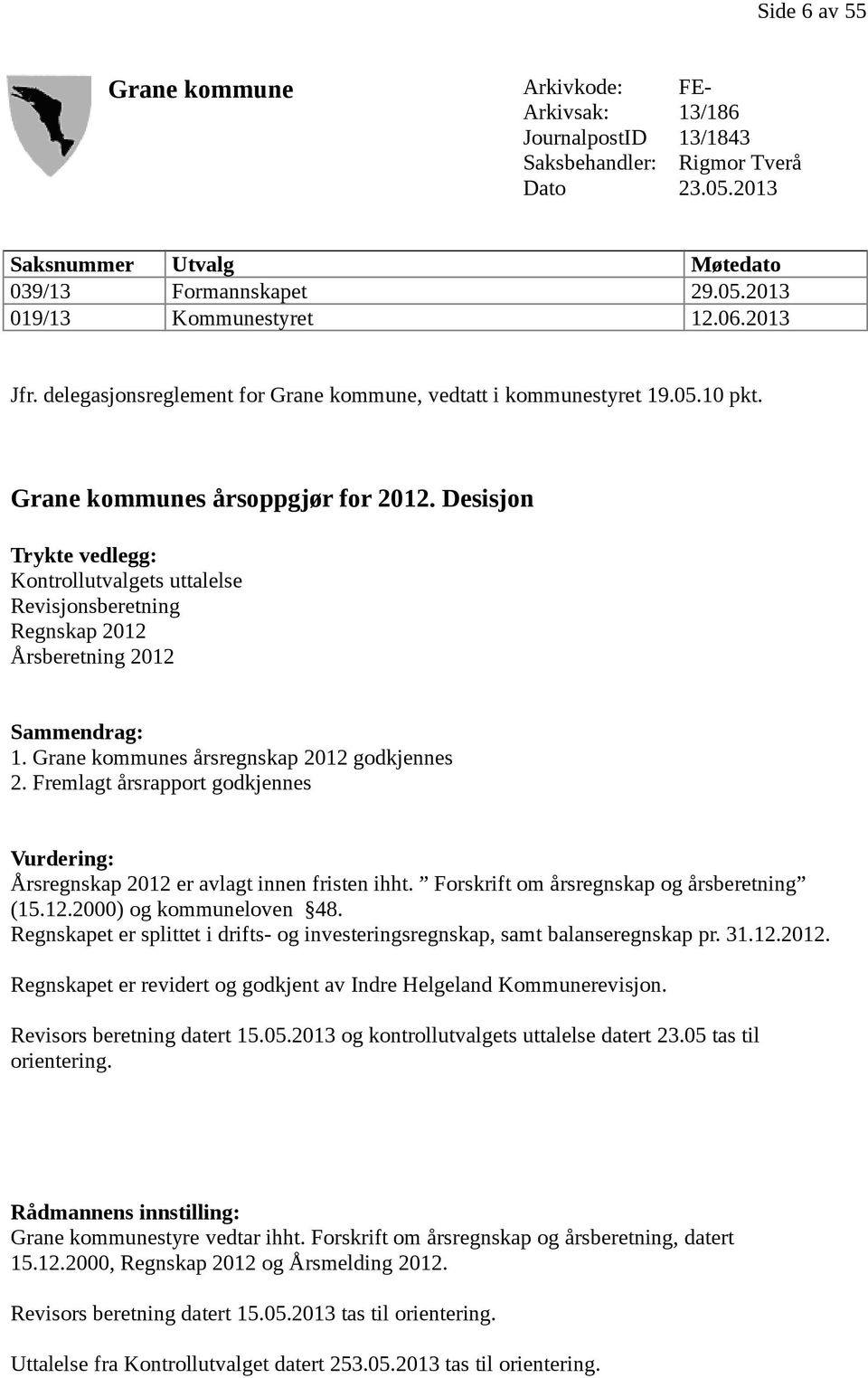 Desisjon Trykte vedlegg: Kontrollutvalgets uttalelse Revisjonsberetning Regnskap 2012 Årsberetning 2012 Sammendrag: 1. Grane kommunes årsregnskap 2012 godkjennes 2.