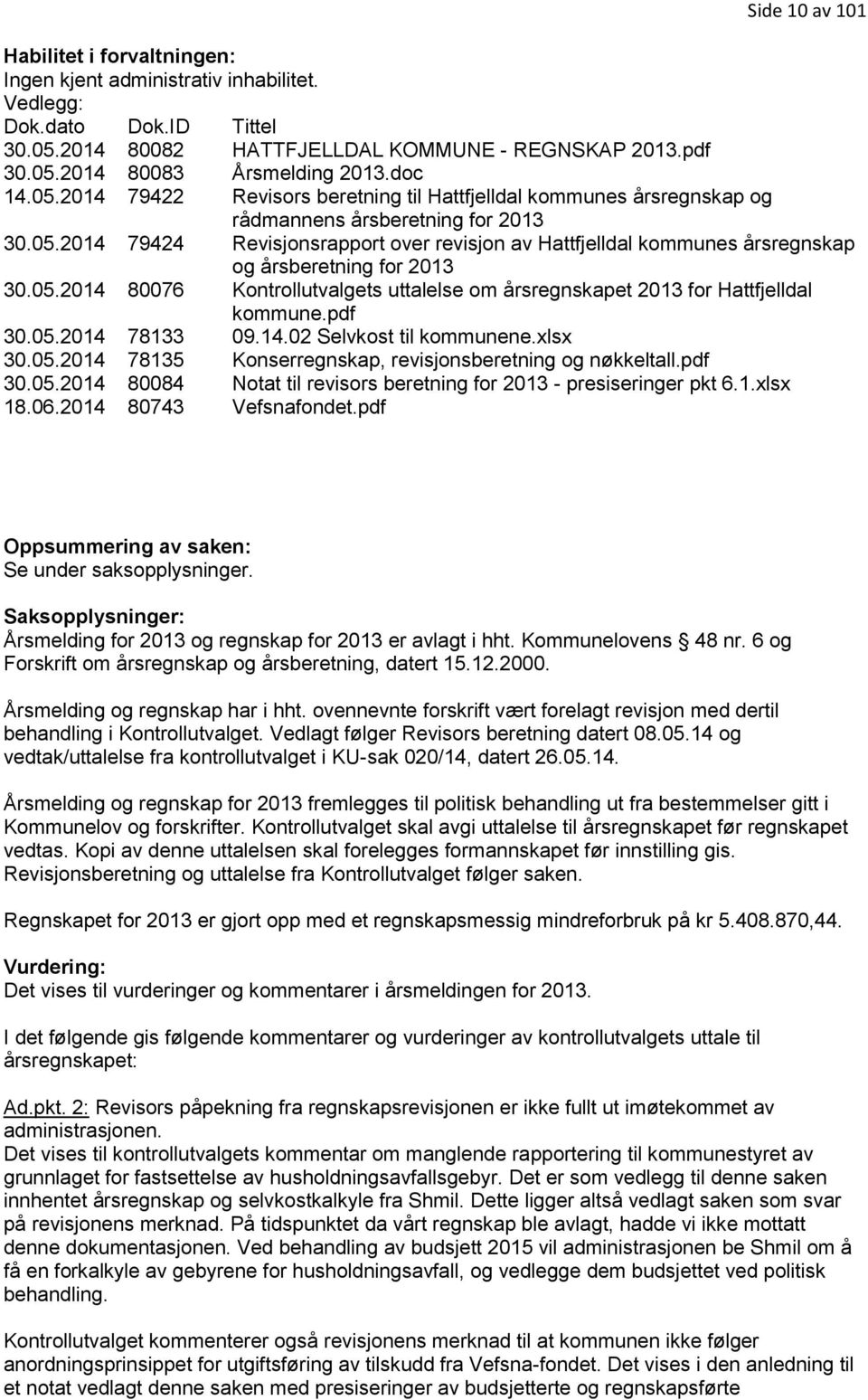 05.2014 80076 Kontrollutvalgets uttalelse om årsregnskapet 2013 for Hattfjelldal kommune.pdf 30.05.2014 78133 09.14.02 Selvkost til kommunene.xlsx 30.05.2014 78135 Konserregnskap, revisjonsberetning og nøkkeltall.