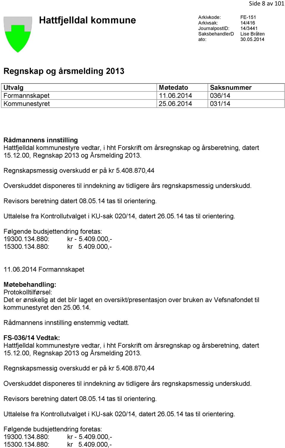 2014 036/14 Kommunestyret 25.06.2014 031/14 Rådmannens innstilling Hattfjelldal kommunestyre vedtar, i hht Forskrift om årsregnskap og årsberetning, datert 15.12.00, Regnskap 2013 og Årsmelding 2013.