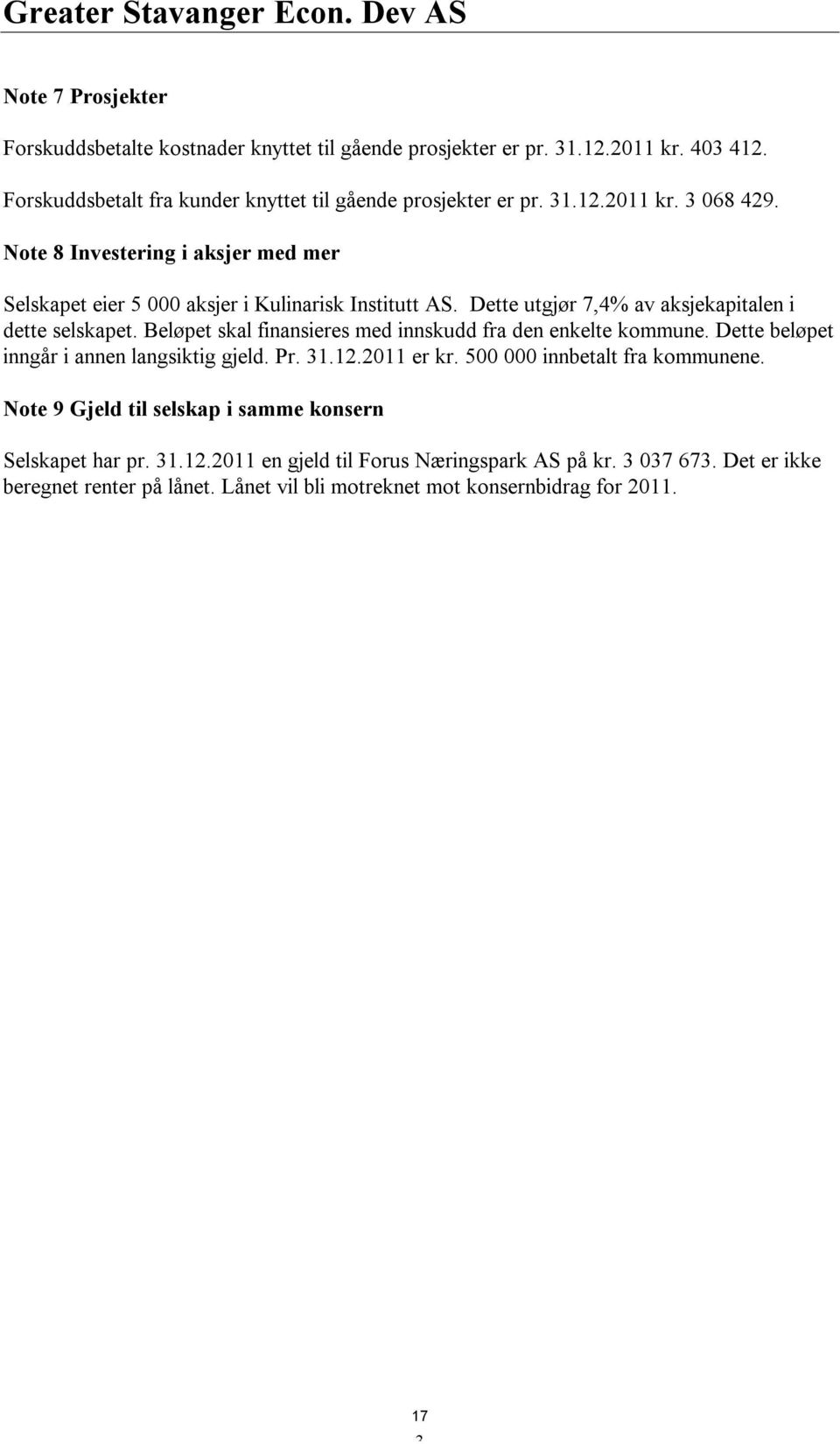 Dette utgjør 7,4% av aksjekapitalen i dette selskapet. Beløpet skal finansieres med innskudd fra den enkelte kommune. Dette beløpet inngår i annen langsiktig gjeld. Pr. 31.12.2011 er kr.